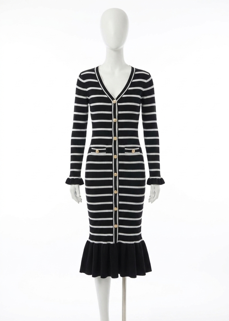 NEW ABLE striped knit dress with ruffle hem in black